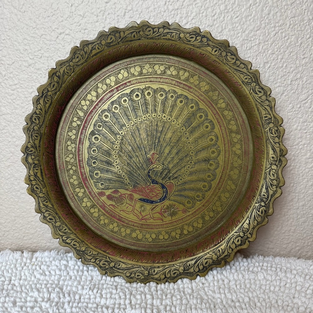 Vintage Brass Peacock Etched Decorative Tray Gold Enamel Scalloped Plate Boho